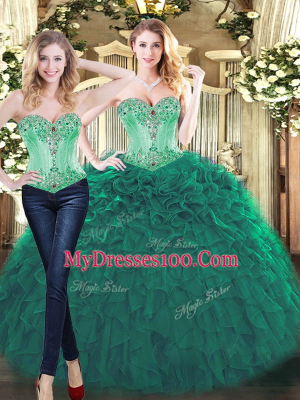 Top Selling Green Sweetheart Lace Up Beading and Ruffles 15th Birthday Dress Sleeveless
