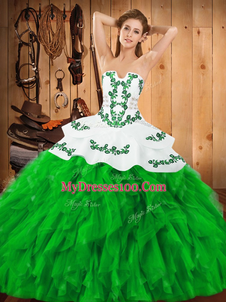 Ideal Green Ball Gowns Satin and Organza Strapless Sleeveless Embroidery and Ruffles Floor Length Lace Up Sweet 16 Dress