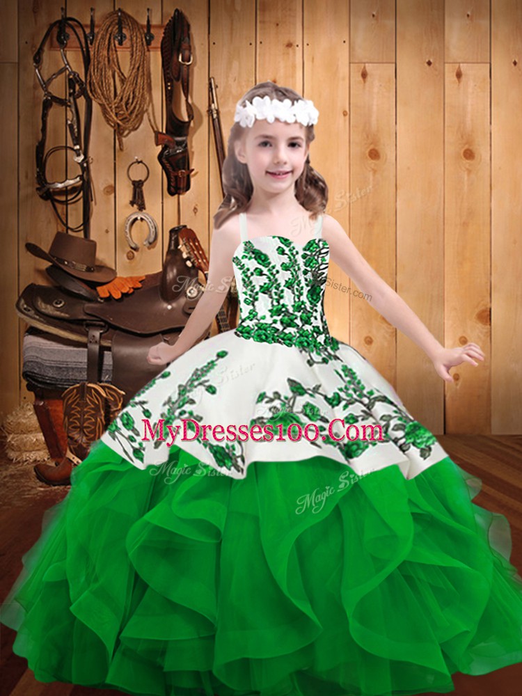 Green Sleeveless Embroidery and Ruffles Floor Length Girls Pageant Dresses