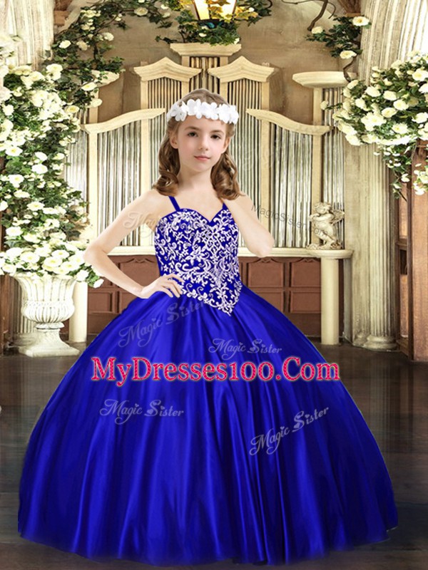 Customized Royal Blue Straps Lace Up Beading Kids Formal Wear Sleeveless