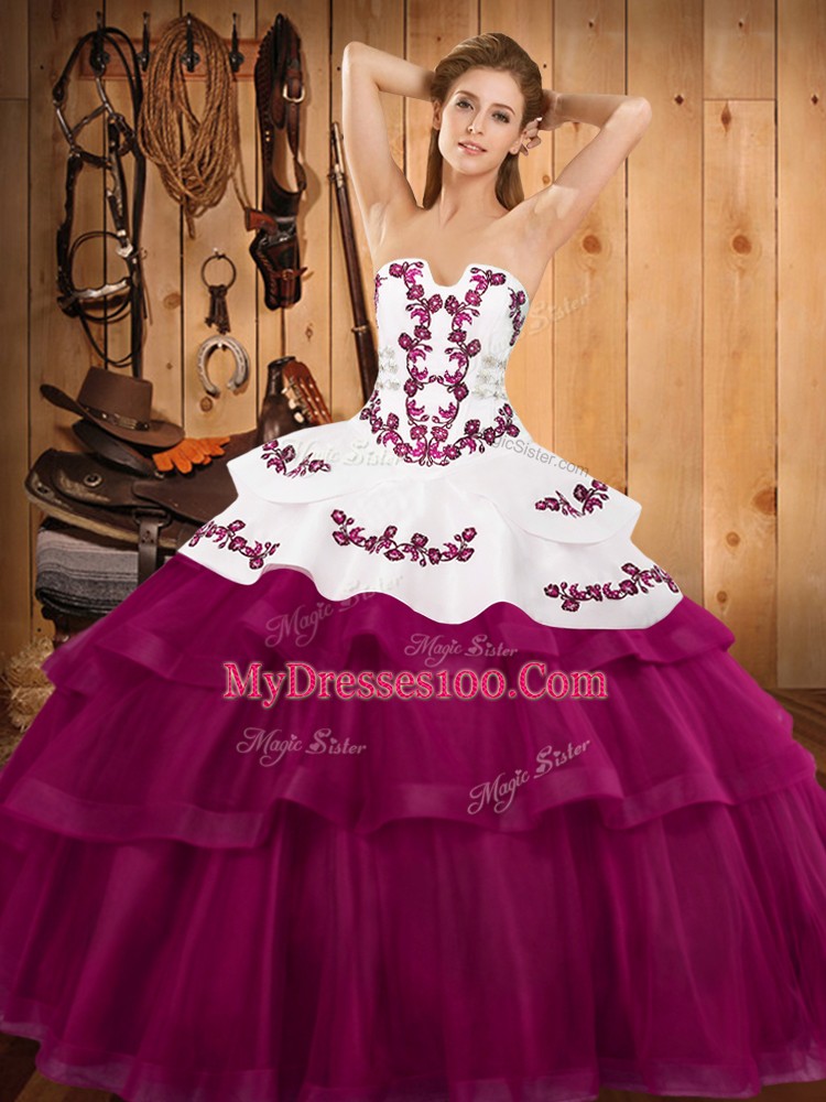 Fuchsia Lace Up Strapless Embroidery and Ruffled Layers Sweet 16 Dress Tulle Sleeveless Sweep Train
