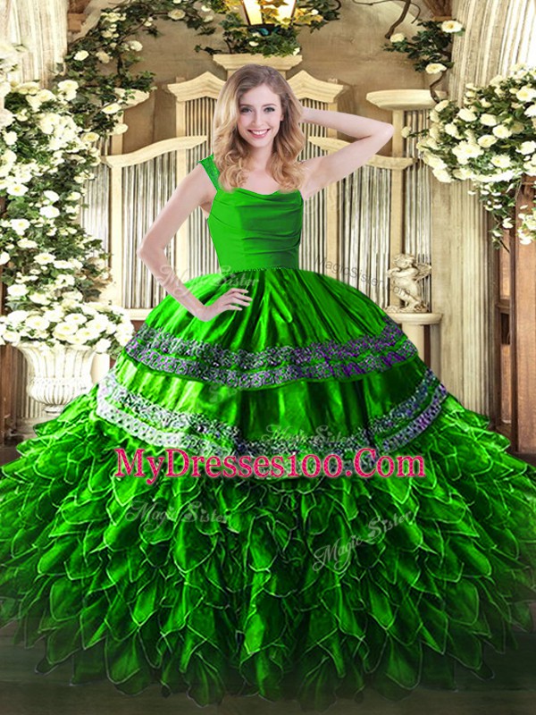 Delicate Green Organza Zipper Straps Sleeveless Floor Length Quinceanera Gowns Beading and Lace and Ruffles