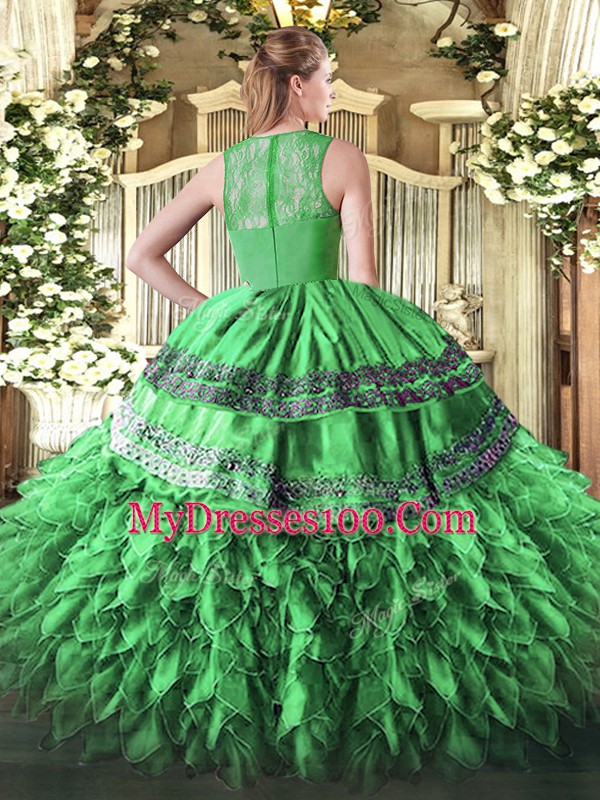 Delicate Green Organza Zipper Straps Sleeveless Floor Length Quinceanera Gowns Beading and Lace and Ruffles
