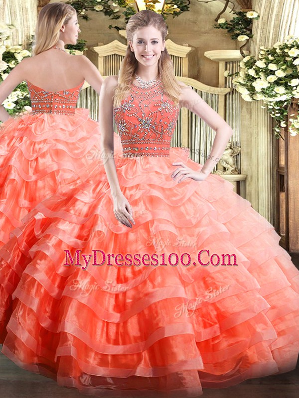 Glorious Beading and Ruffled Layers Sweet 16 Quinceanera Dress Orange Red Zipper Sleeveless Floor Length