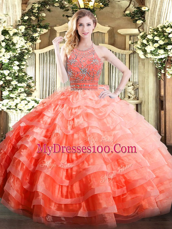 Glorious Beading and Ruffled Layers Sweet 16 Quinceanera Dress Orange Red Zipper Sleeveless Floor Length