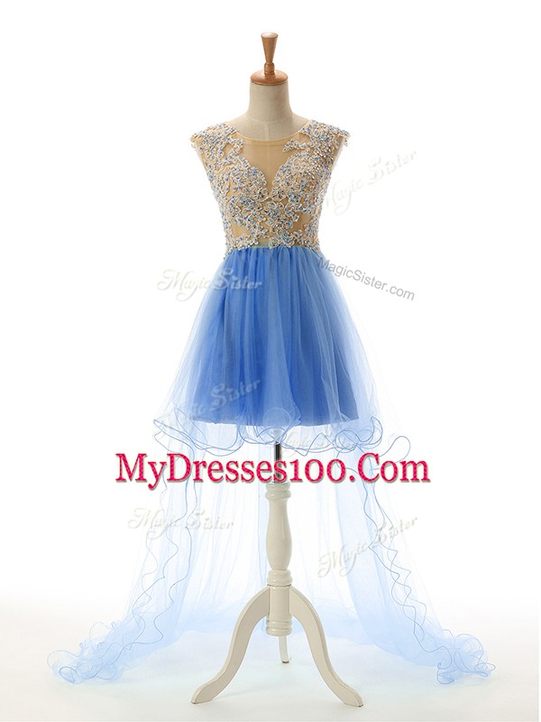 High Low Baby Blue Party Dress Tulle Sleeveless Appliques
