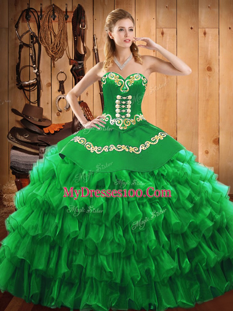 Green Lace Up Sweet 16 Dresses Embroidery and Ruffled Layers Sleeveless Floor Length