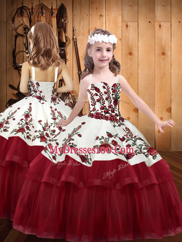 Wine Red Sleeveless Organza Lace Up Little Girls Pageant Dress for Party and Sweet 16 and Quinceanera and Wedding Party