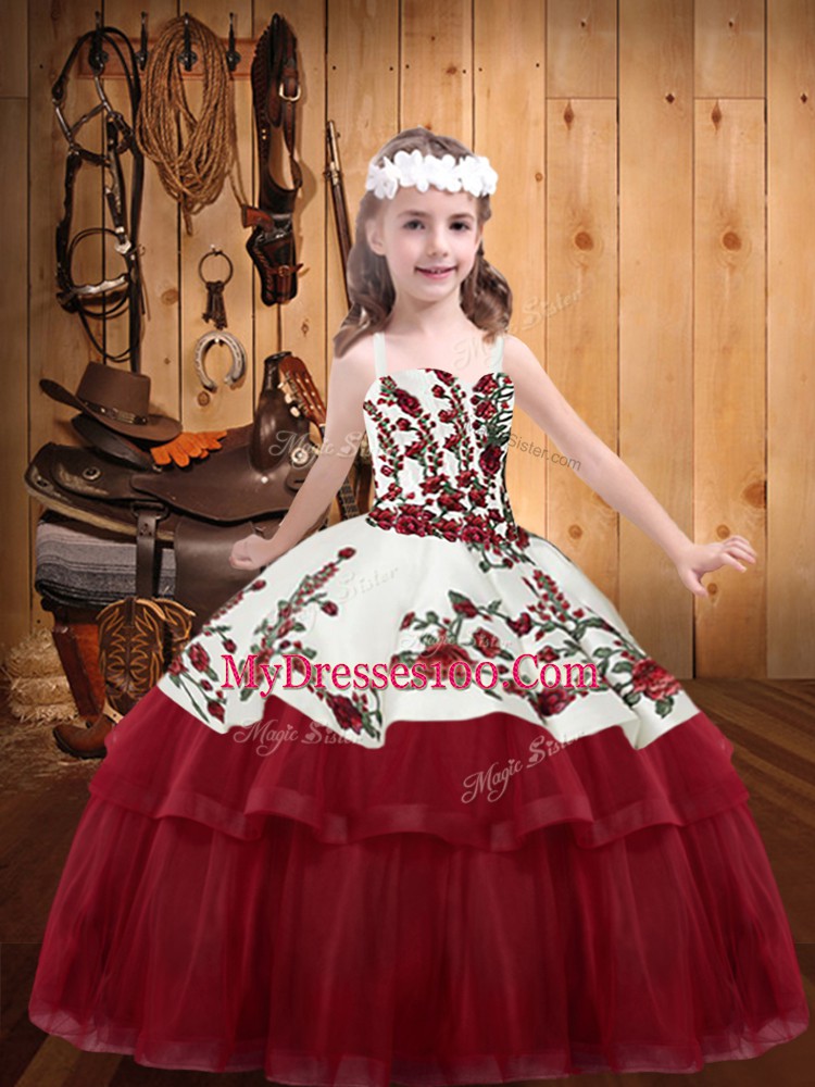 Wine Red Sleeveless Organza Lace Up Little Girls Pageant Dress for Party and Sweet 16 and Quinceanera and Wedding Party