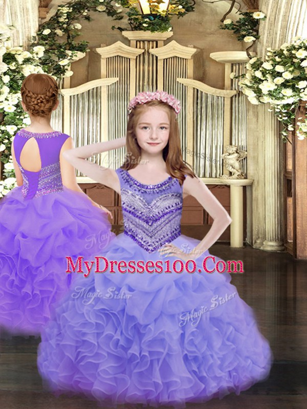 Lavender Ball Gowns Beading and Ruffles and Pick Ups Pageant Gowns For Girls Lace Up Organza Sleeveless Floor Length