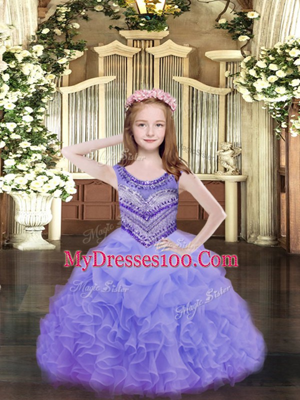 Lavender Ball Gowns Beading and Ruffles and Pick Ups Pageant Gowns For Girls Lace Up Organza Sleeveless Floor Length