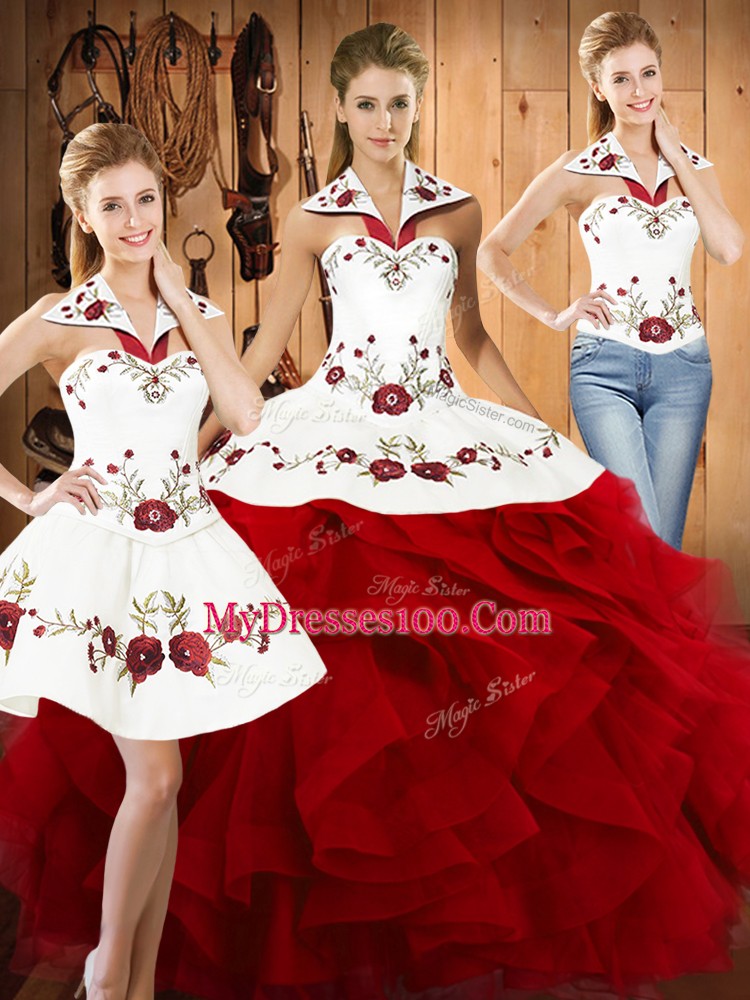 Wine Red Three Pieces Satin and Organza Halter Top Sleeveless Embroidery and Ruffles Floor Length Lace Up Vestidos de Quinceanera
