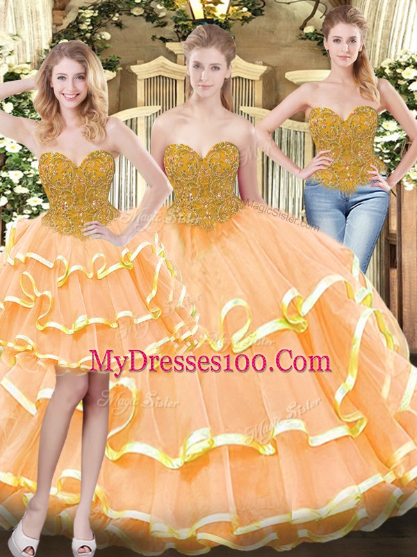 Luxury Peach Lace Up Sweetheart Beading and Ruffled Layers Sweet 16 Quinceanera Dress Tulle Sleeveless