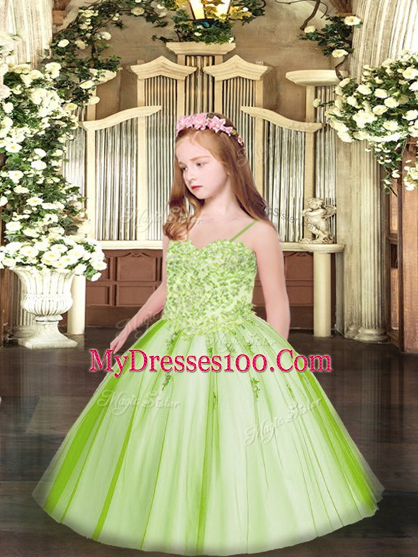 Sleeveless Lace Up Floor Length Appliques Pageant Gowns For Girls