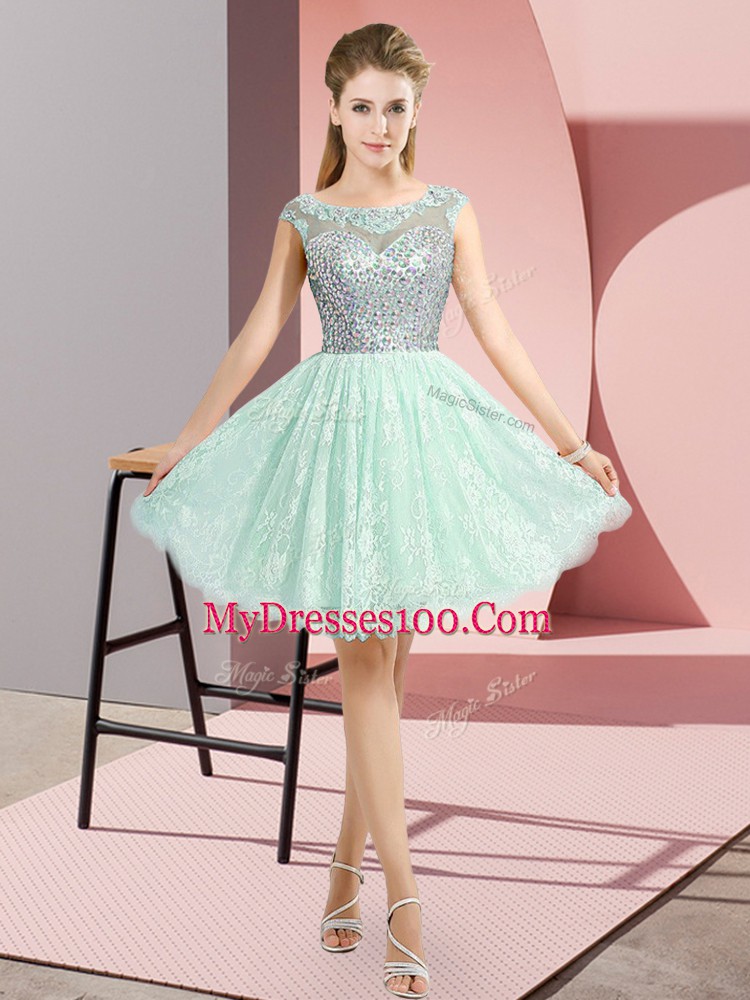 Best Selling Apple Green Empire Scoop Cap Sleeves Lace Mini Length Backless Beading Prom Dress