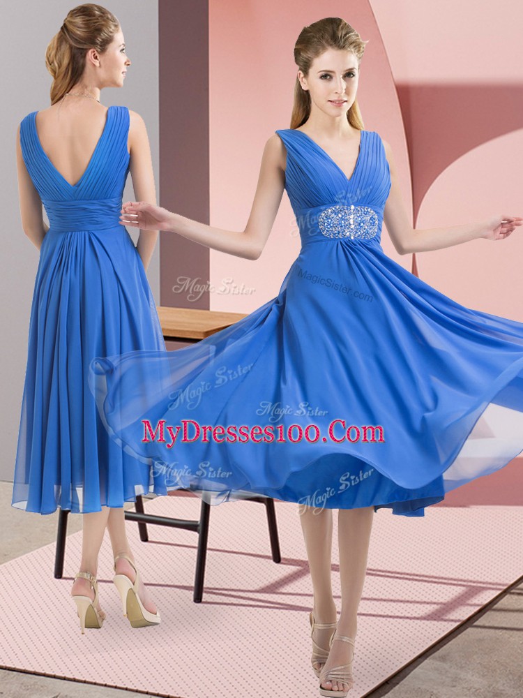 Knee Length Side Zipper Bridesmaid Dress Baby Blue for Prom and Party and Wedding Party with Beading