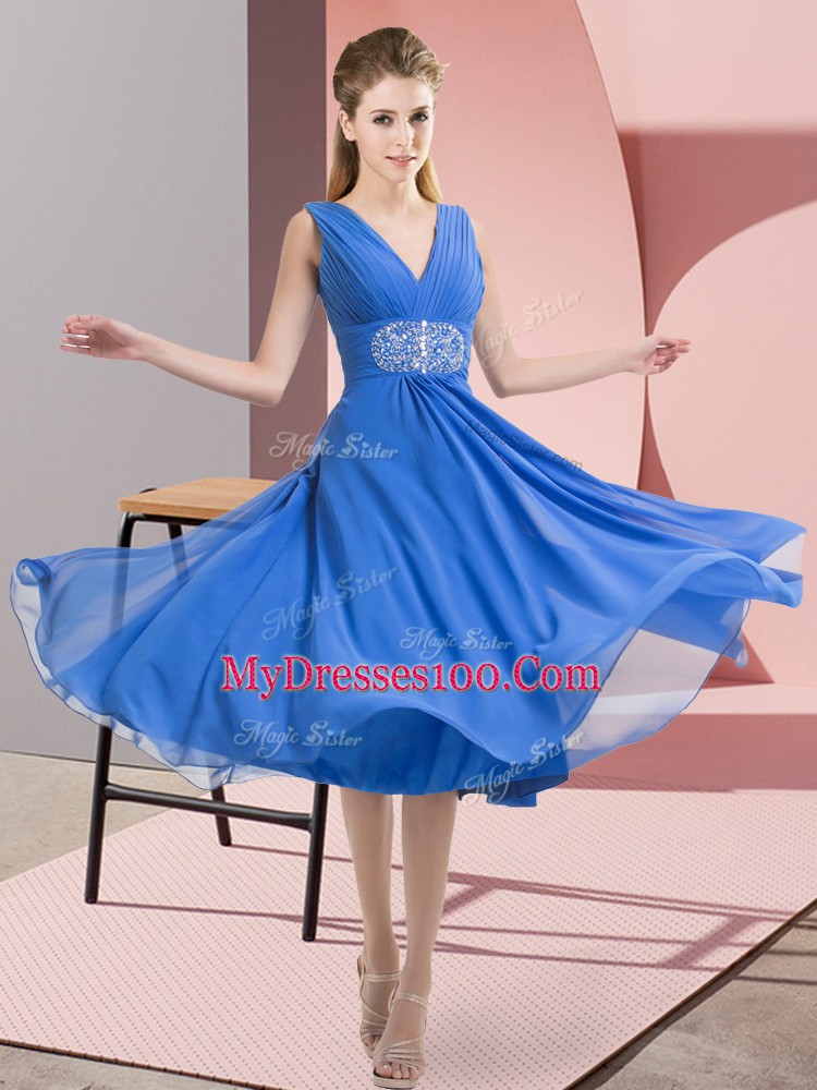 Knee Length Side Zipper Bridesmaid Dress Baby Blue for Prom and Party and Wedding Party with Beading