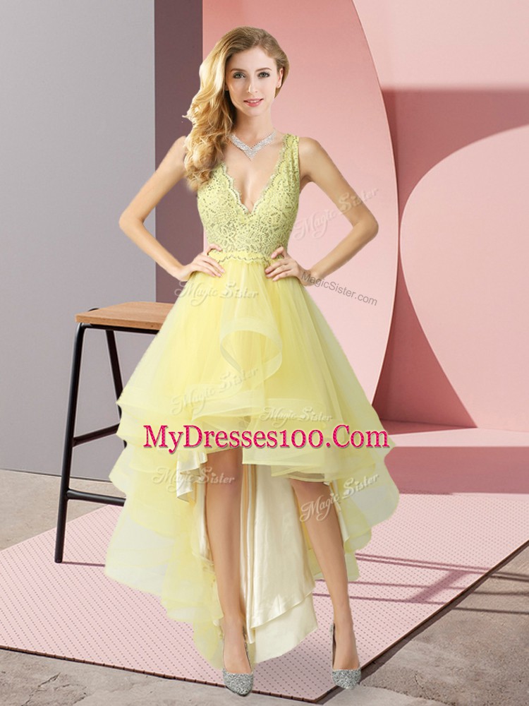 Delicate Yellow Backless Bridesmaids Dress Beading and Lace Sleeveless High Low