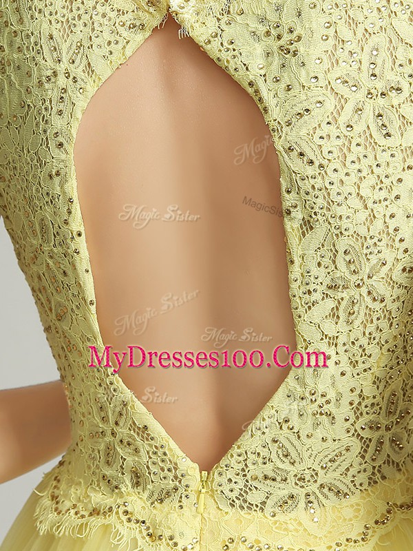 Delicate Yellow Backless Bridesmaids Dress Beading and Lace Sleeveless High Low