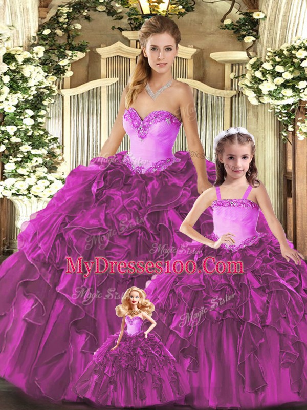 Sumptuous Fuchsia Ball Gowns Sweetheart Sleeveless Organza Floor Length Lace Up Ruffles Quinceanera Gown