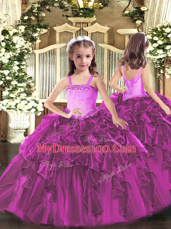 Sumptuous Fuchsia Ball Gowns Sweetheart Sleeveless Organza Floor Length Lace Up Ruffles Quinceanera Gown