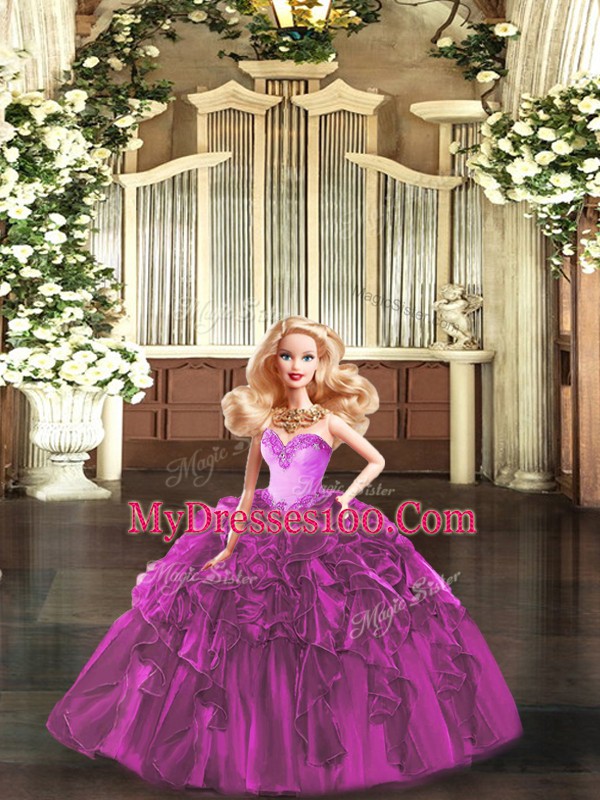 Sumptuous Fuchsia Ball Gowns Sweetheart Sleeveless Organza Floor Length Lace Up Ruffles Quinceanera Gown