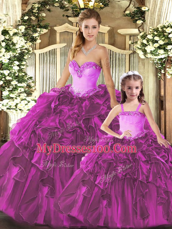 Sumptuous Fuchsia Ball Gowns Sweetheart Sleeveless Organza Floor Length Lace Up Ruffles Quinceanera Gown