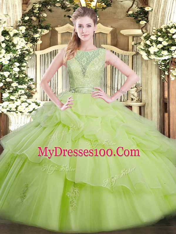Fashion Yellow Green Ball Gowns Scoop Sleeveless Tulle Floor Length Backless Beading and Ruffled Layers 15 Quinceanera Dress