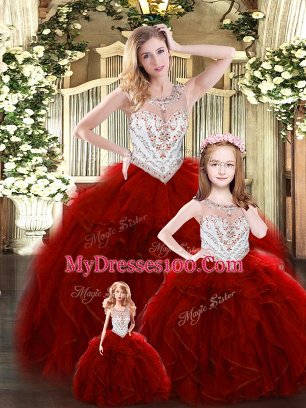 Glamorous Wine Red Tulle Lace Up Scoop Sleeveless Floor Length Quinceanera Gown Beading and Ruffles