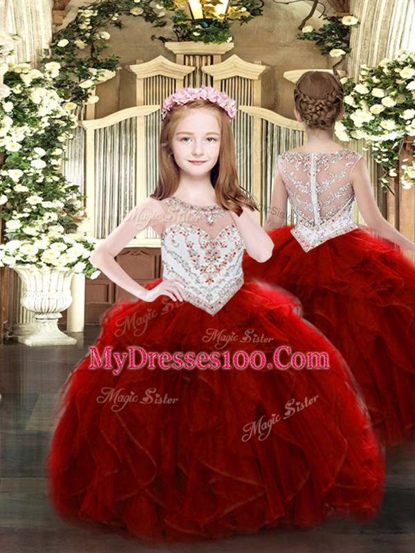 Glamorous Wine Red Tulle Lace Up Scoop Sleeveless Floor Length Quinceanera Gown Beading and Ruffles