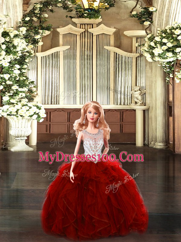 Glamorous Wine Red Tulle Lace Up Scoop Sleeveless Floor Length Quinceanera Gown Beading and Ruffles