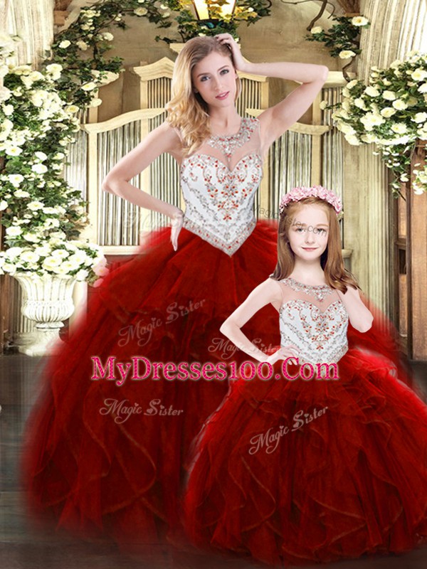 Glamorous Wine Red Tulle Lace Up Scoop Sleeveless Floor Length Quinceanera Gown Beading and Ruffles
