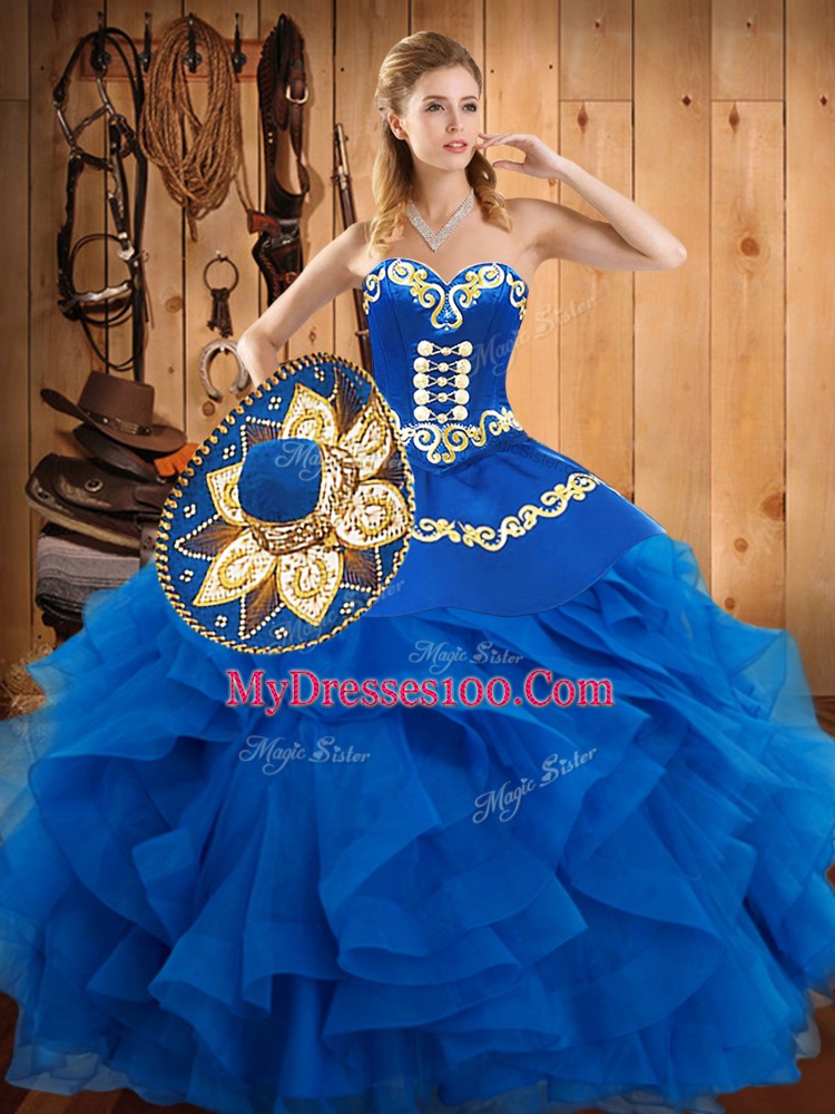Traditional Floor Length Blue Sweet 16 Dresses Sweetheart Sleeveless Lace Up