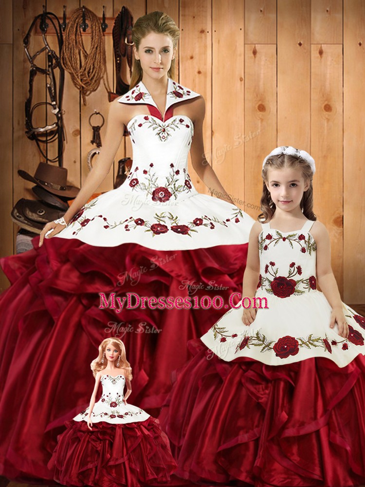 Wine Red Satin and Organza Lace Up Halter Top Sleeveless Floor Length 15th Birthday Dress Embroidery and Ruffles