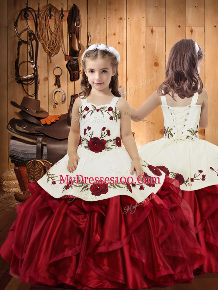 Wine Red Satin and Organza Lace Up Halter Top Sleeveless Floor Length 15th Birthday Dress Embroidery and Ruffles