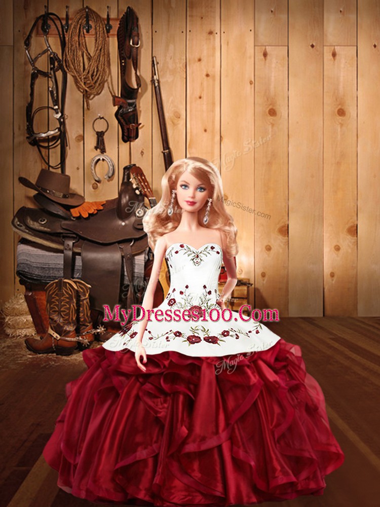 Wine Red Satin and Organza Lace Up Halter Top Sleeveless Floor Length 15th Birthday Dress Embroidery and Ruffles