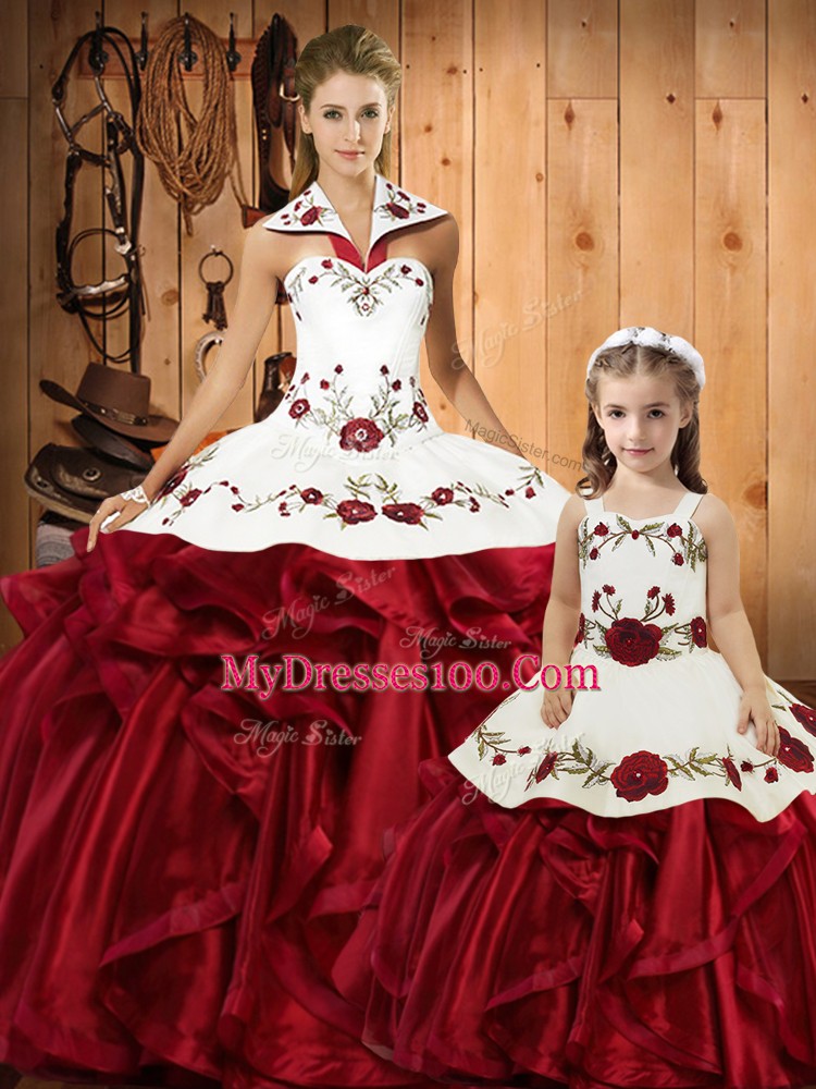 Wine Red Satin and Organza Lace Up Halter Top Sleeveless Floor Length 15th Birthday Dress Embroidery and Ruffles