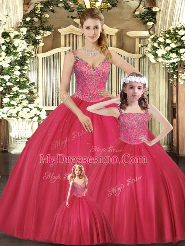 Inexpensive Tulle Straps Sleeveless Lace Up Beading Sweet 16 Quinceanera Dress in Hot Pink