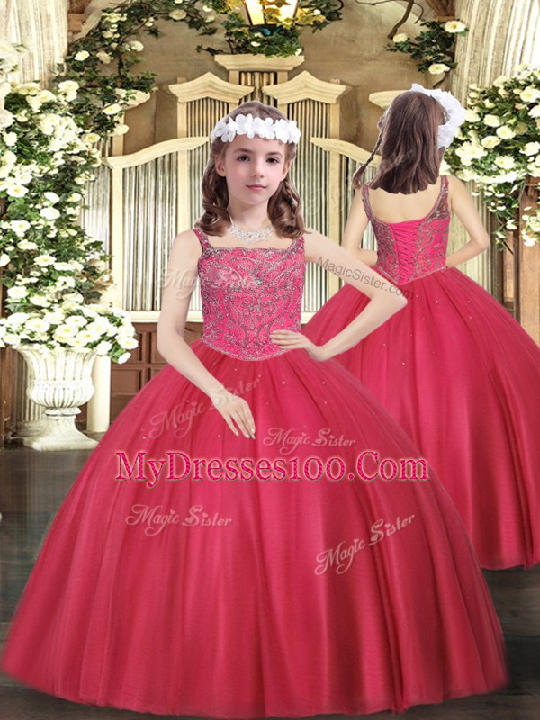 Inexpensive Tulle Straps Sleeveless Lace Up Beading Sweet 16 Quinceanera Dress in Hot Pink