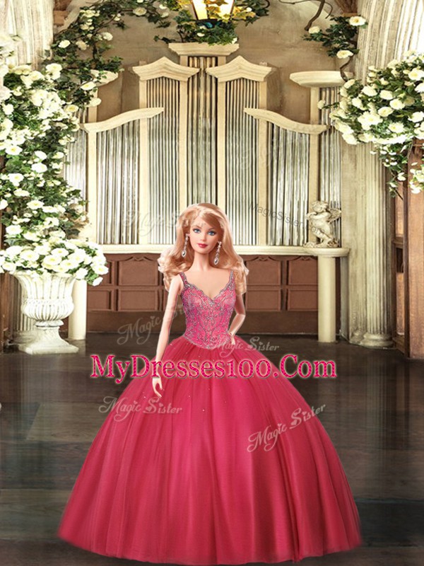 Inexpensive Tulle Straps Sleeveless Lace Up Beading Sweet 16 Quinceanera Dress in Hot Pink