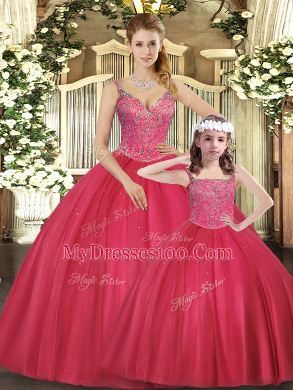 Inexpensive Tulle Straps Sleeveless Lace Up Beading Sweet 16 Quinceanera Dress in Hot Pink