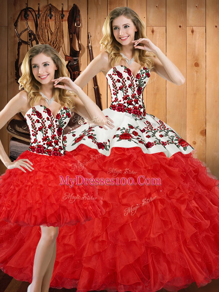 Beauteous Red Sweetheart Lace Up Embroidery and Ruffles Quinceanera Dress Sleeveless