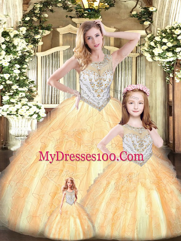 Inexpensive Orange Tulle Lace Up Quince Ball Gowns Sleeveless Floor Length Beading and Ruffles