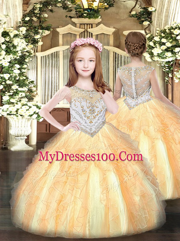 Inexpensive Orange Tulle Lace Up Quince Ball Gowns Sleeveless Floor Length Beading and Ruffles