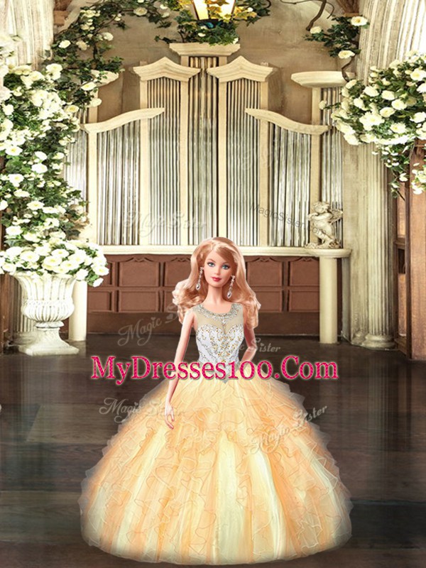 Inexpensive Orange Tulle Lace Up Quince Ball Gowns Sleeveless Floor Length Beading and Ruffles