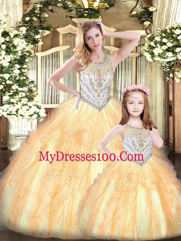 Inexpensive Orange Tulle Lace Up Quince Ball Gowns Sleeveless Floor Length Beading and Ruffles
