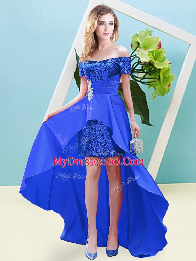Blue Lace Up Off The Shoulder Beading Elastic Woven Satin and Sequined Short Sleeves