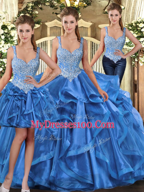 Graceful Blue Vestidos de Quinceanera Military Ball and Sweet 16 and Quinceanera with Beading and Ruffles Straps Sleeveless Lace Up