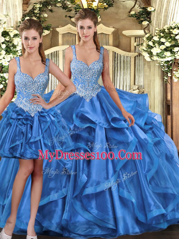 Graceful Blue Vestidos de Quinceanera Military Ball and Sweet 16 and Quinceanera with Beading and Ruffles Straps Sleeveless Lace Up
