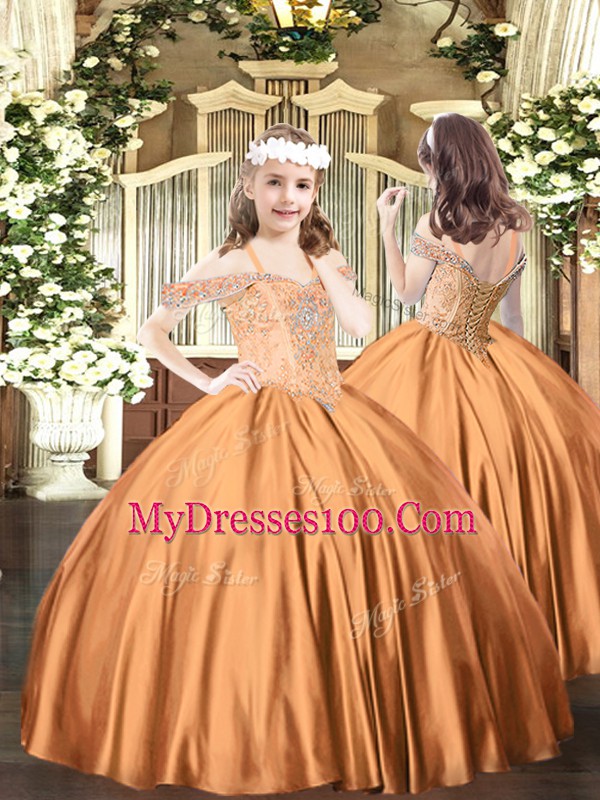 Fantastic Floor Length Lace Up Little Girls Pageant Gowns Rust Red for Party and Quinceanera with Beading